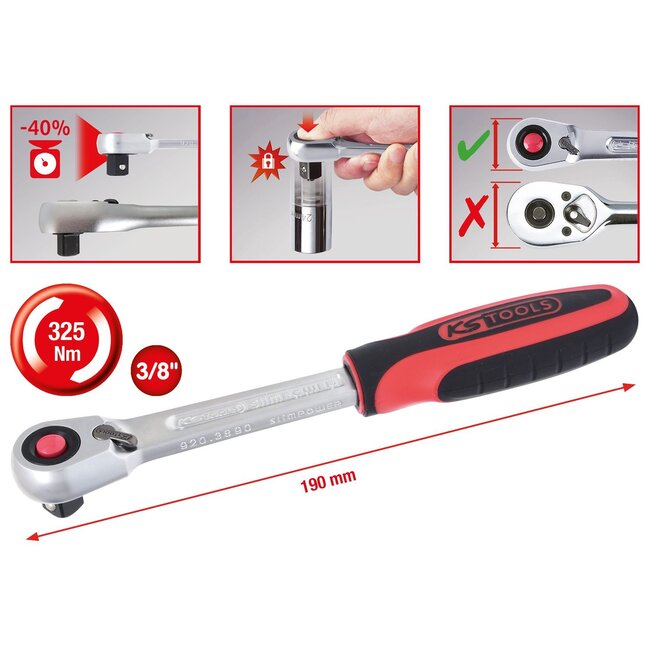 KS Tools 3/8" SlimPOWER Reversible ratchet, 72 teeth - 920.3890
