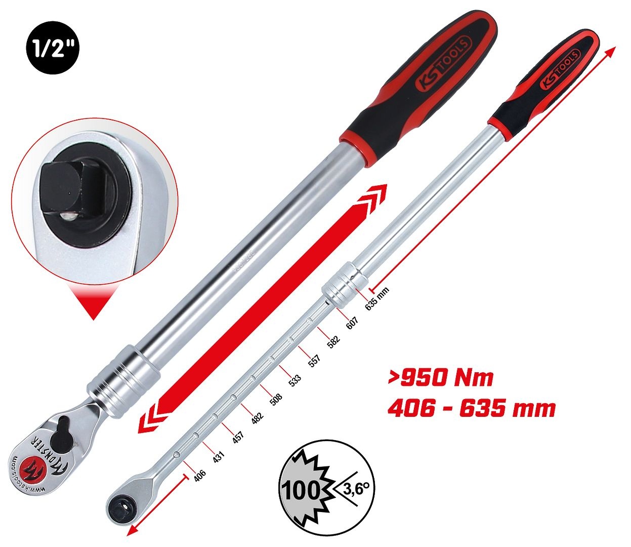 KS Tools 1/2" Monster Omschakelbare ratel met telescooparm - 100 tanden - 935.1285, foto 2 van 6
