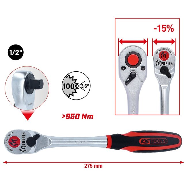 KS Tools Reversible ratchet, 1/2" Monster, 100 teeth - 935.1290