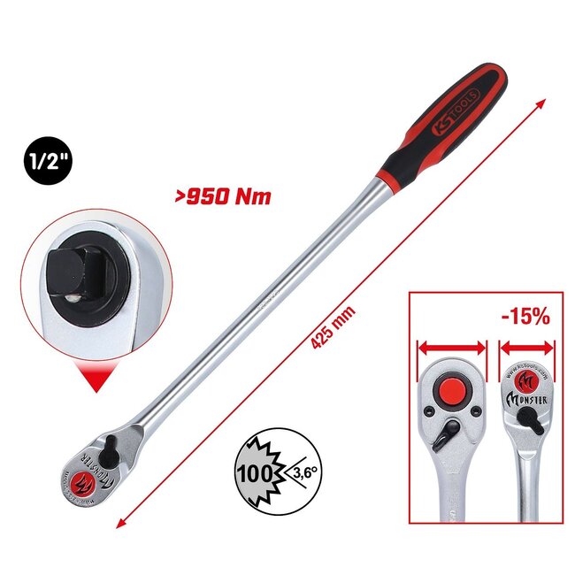 KS Tools Cliquet réversible Monster 1/2", long, 100 dents - 935.1295