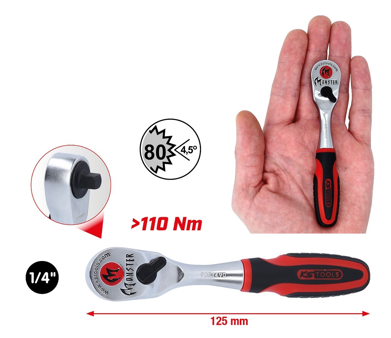KS Tools 1/4" Monster Omschakelbare ratel - 80 tanden - 935.1490, foto 2 van 6