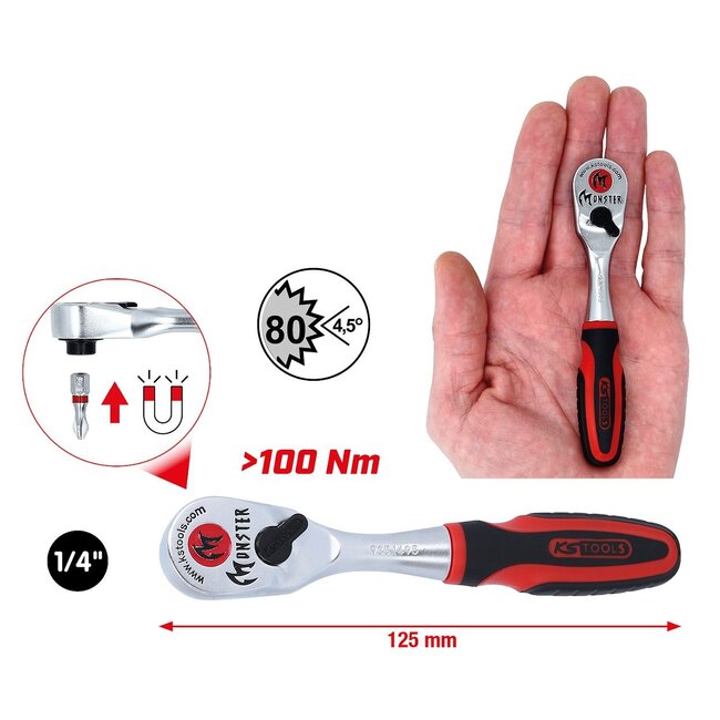 KS Tools 1/4" Cliquet réversible porte-embouts Monster, 72 dents, 125mm - 935.1495