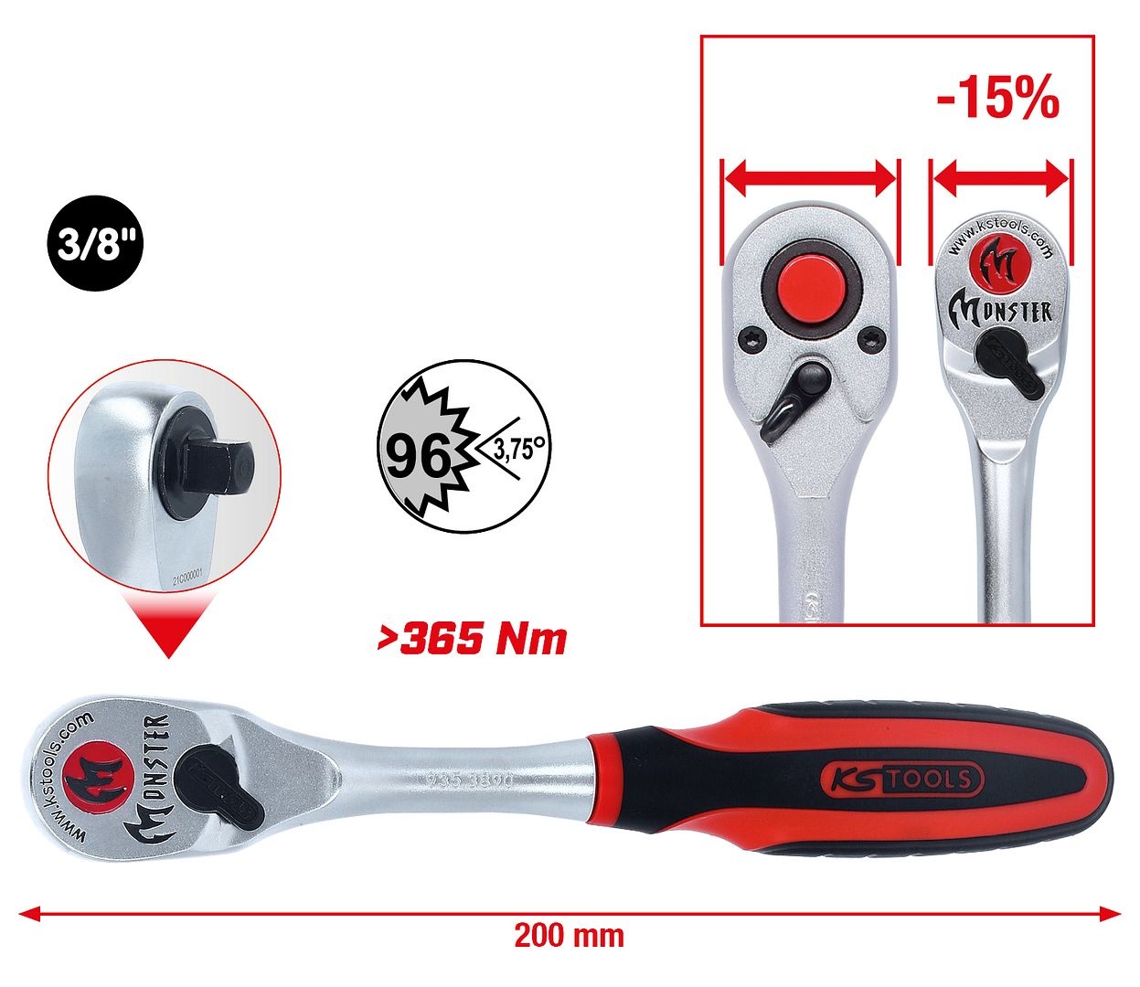 KS Tools 3/8" Monster Omschakelbare ratel - 96 tanden - 935.3890, foto 2 van 6
