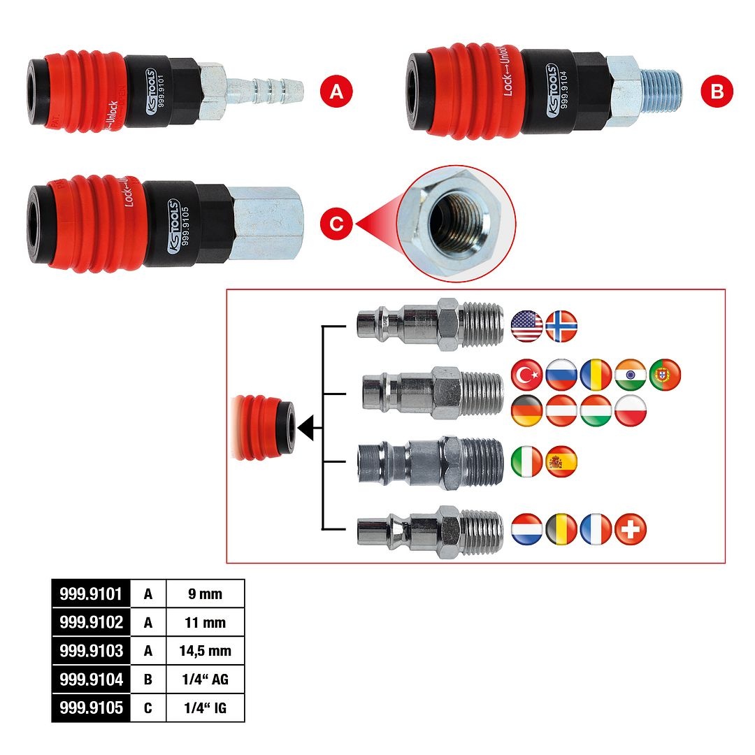 KS Tools 3-in-1 universele persluchtveiligheidskoppeling - 9 mm met slangtule - 999.9101, foto 2 van 6