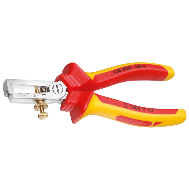 Gedore VDE wire stripping pliers 160 mm, self-opening with adjusting screw, V-blades, 1000 V insulated to IEC 60900 - VDE 8098-160 H