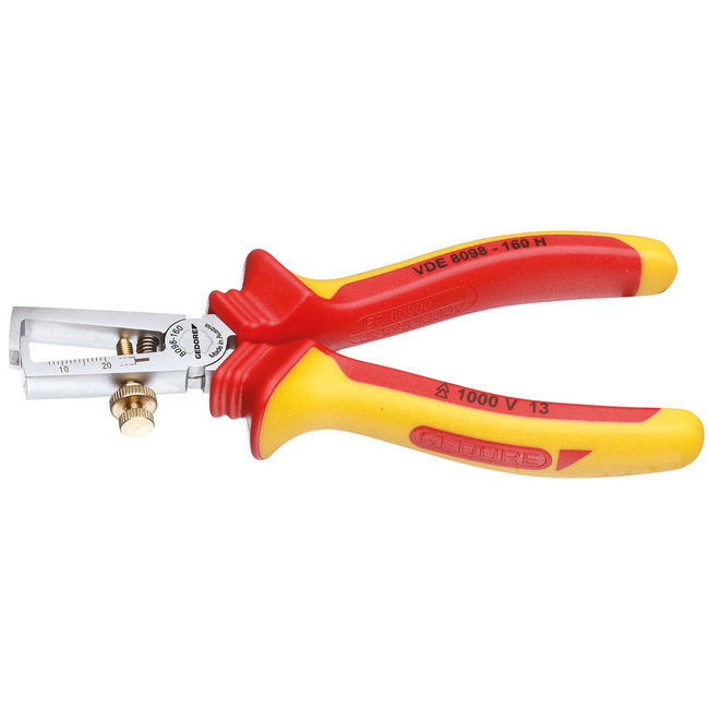 Gedore VDE wire stripping pliers 160 mm, self-opening with adjusting screw, V-blades, 1000 V insulated to IEC 60900 - VDE 8098-160 H