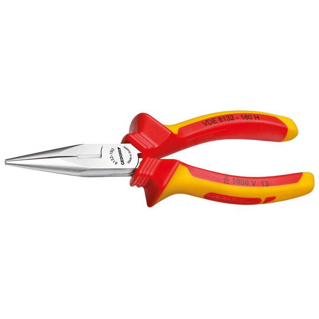 Gedore VDE needle-nose pliers straight 200 mm, half-round serrated jaws, cutting edges 61-63 HRC, 1000 V to IEC 60900 - VDE 8132-200 H