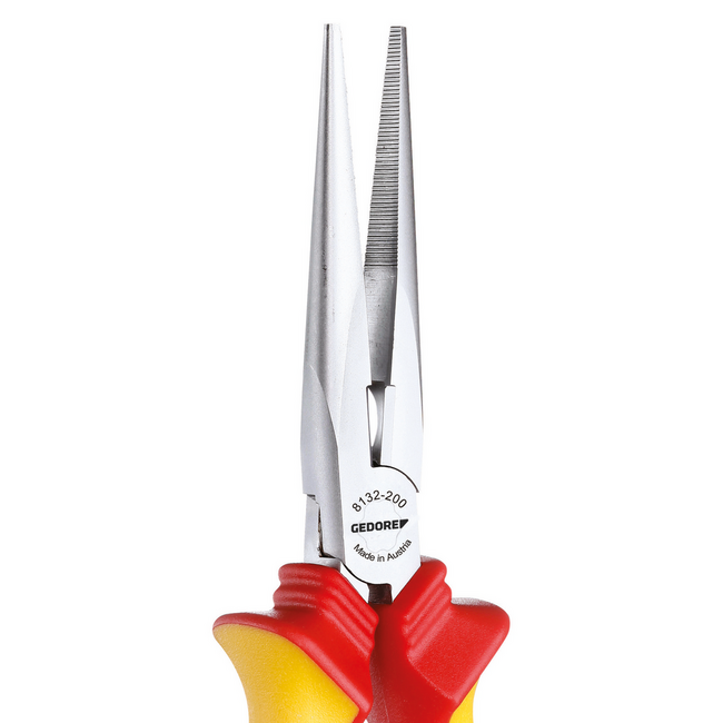 Gedore VDE needle-nose pliers straight 200 mm, half-round serrated jaws, cutting edges 61-63 HRC, 1000 V to IEC 60900 - VDE 8132-200 H