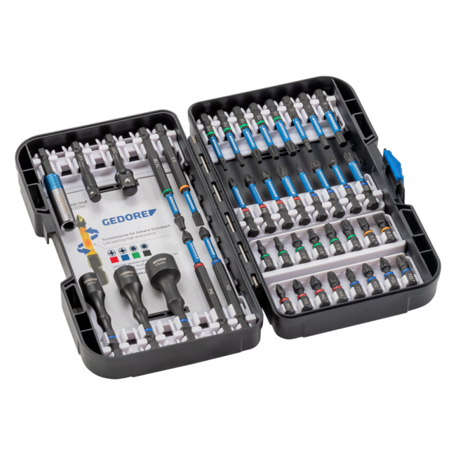 Gedore Torsion bit set 1/4" 42-piece, SL, PH, PZ, TX, hex, magnetic bit holder, 8-13 mm nut setters and adapters - 666-042