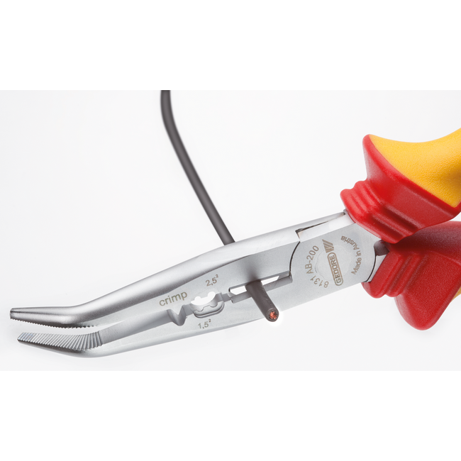 Gedore VDE multi-purpose pliers angled 200 mm, cable cutter, stripper 1.5/2.5 mm², crimping profile, 1000 V IEC 60900 - VDE 8131 AB-200 H