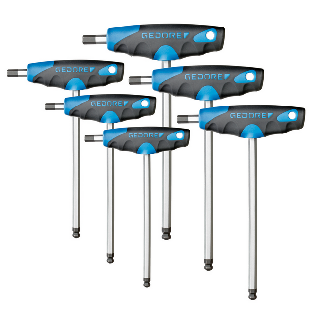 Gedore T-handle hex key set 6-piece 2.5-8 mm, two hex ends per key, ball end, 2C handle, chrome vanadium steel - DT 2142-06