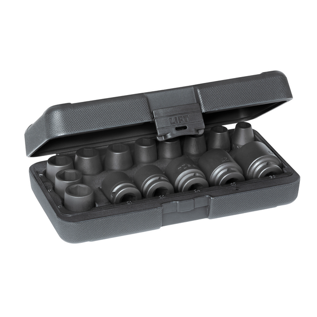 Gedore Krachtdopsleutelset 1/2" 15-delig zeskant 10-30 mm, gefosfateerd, borgring en pen, in kunststof koffer - K 19-015