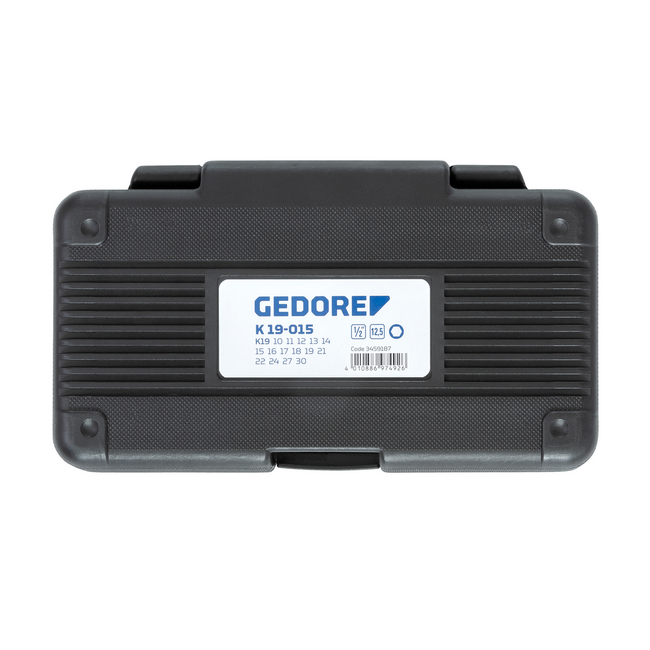 Gedore Krachtdopsleutelset 1/2" 15-delig zeskant 10-30 mm, gefosfateerd, borgring en pen, in kunststof koffer - K 19-015