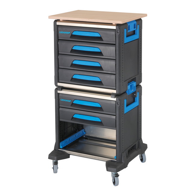 Gedore Mobile tool cart WorkMo B2, modular, 6 drawers for ES/CT modules, bay for L-BOXX 136, wooden worktop - 1110 WMW-2