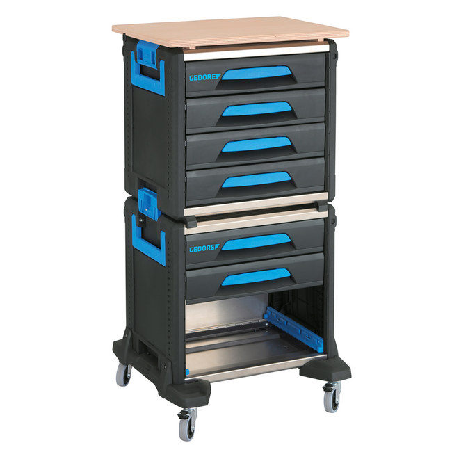 Gedore Mobile tool cart WorkMo B2, modular, 6 drawers for ES/CT modules, bay for L-BOXX 136, wooden worktop - 1110 WMW-2