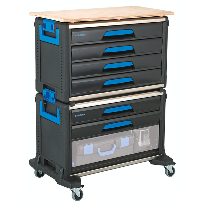 Gedore Mobile tool cart WorkMo B3, modular, 6 drawers for ES/CT modules, bay for L-BOXX 136, wooden worktop - 1110 WMW-3