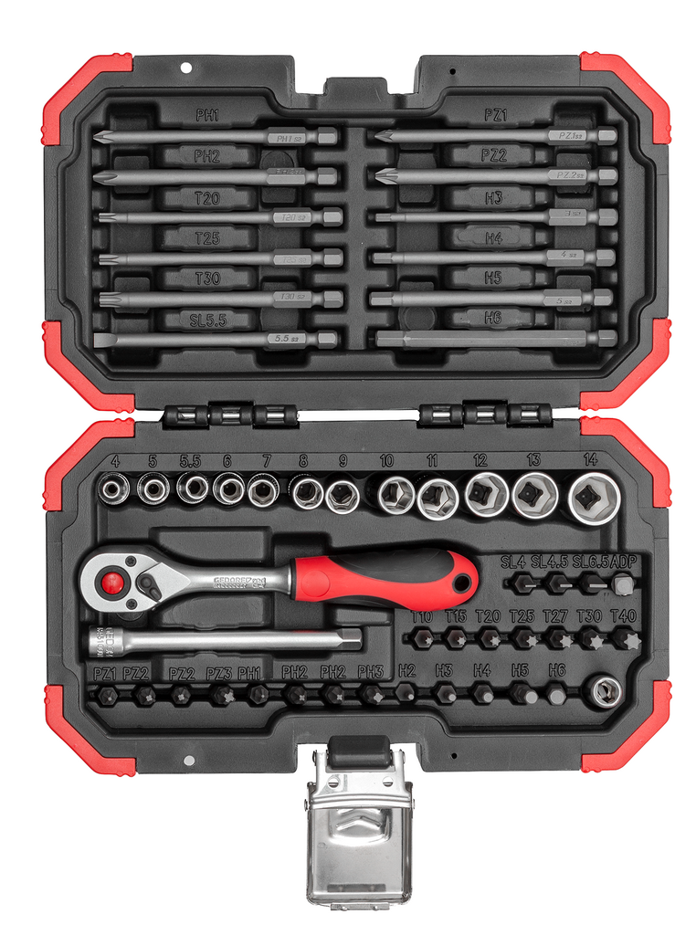 Gedore RED Bitset 1/4" 51-delig, omschakelbare 2C-ratel, doppen SW 4-14 mm, bits PH, PZ, SL, TX, zeskant 25 en 90 mm, box - R33003051