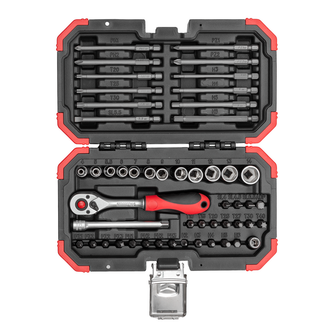 Gedore RED Bit-Satz 1/4" 51-teilig, 2K-Umschaltknarre, Nüsse SW 4-14 mm, Bits PH, PZ, SL, TX, Sechskant 25 und 90 mm, Box - R33003051