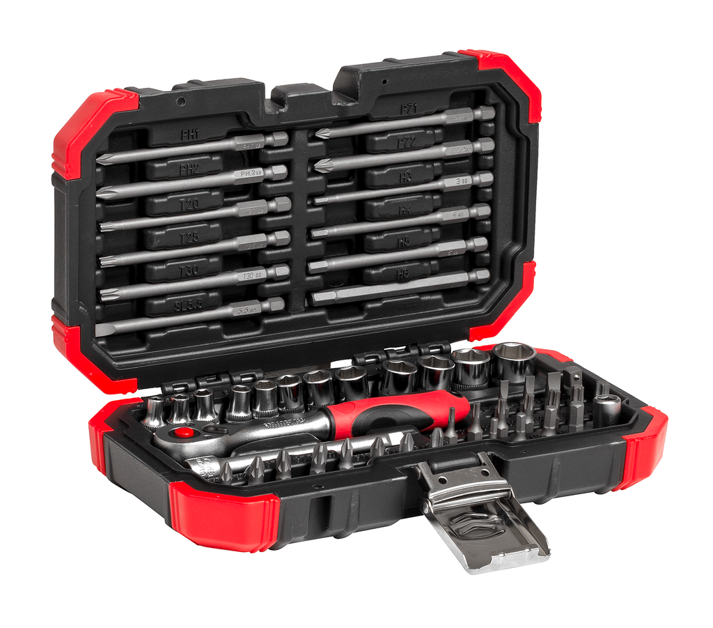 Gedore RED Bitset 1/4" 51-delig, omschakelbare 2C-ratel, doppen SW 4-14 mm, bits PH, PZ, SL, TX, zeskant 25 en 90 mm, box - R33003051, foto 4 van 5