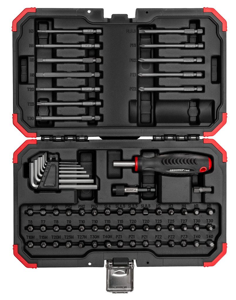 Gedore RED Bitset 1/4" 67-delig, magnetische bitschroevendraaier, bits PH, PZ, SL, TX, TX met boring, inbussleutels - R33003067