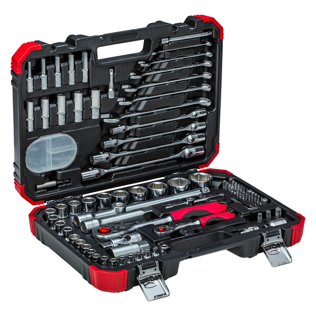 Gedore RED Steckschlüssel-Satz 1/4" + 1/2" 92-teilig, 2K-Umschaltknarren, Nüsse SW 4-32 mm, Bits, Ringmaulschlüssel - R46003092