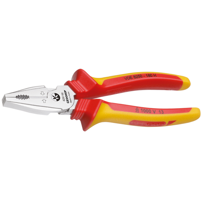 Gedore VDE heavy-duty combination pliers 1000 V 180 mm, 2C insulation, 62-64 HRC edges, cuts piano wire up to 2 mm - VDE 8250-180 H