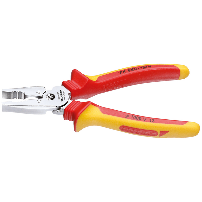 Gedore VDE heavy-duty combination pliers 1000 V 180 mm, 2C insulation, 62-64 HRC edges, cuts piano wire up to 2 mm - VDE 8250-180 H