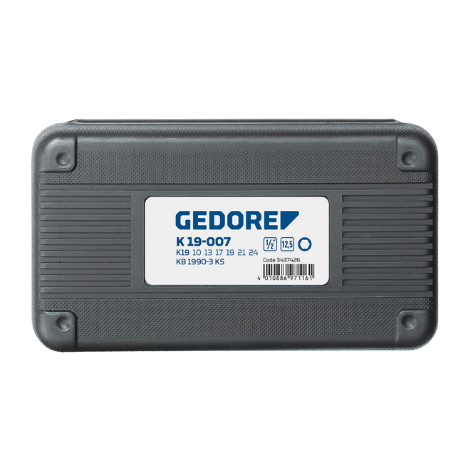 Gedore Krachtdoppenset 1/2" 7-delig, zeskant SW 10-24 mm, verlengstuk 75 mm, gefosfateerd, in kunststof cassette - K 19-007