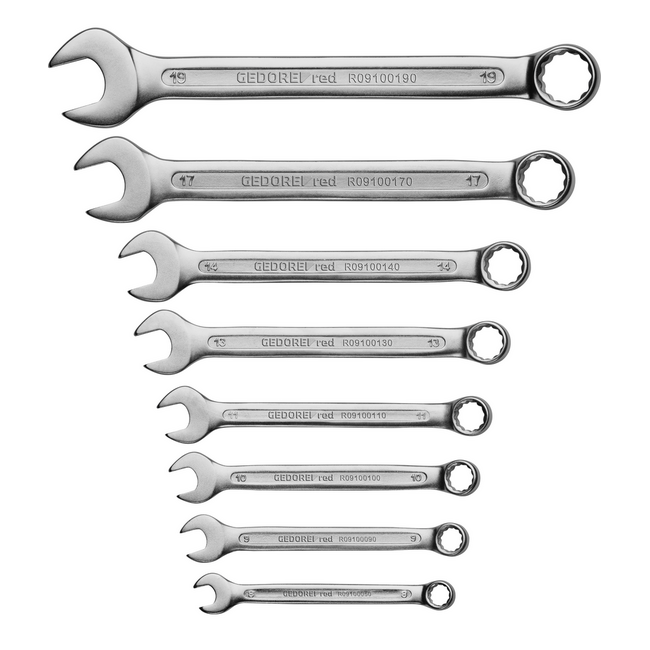 Gedore RED Combination wrench set 8-19 mm 8-piece, 15° open-end angle, chrome vanadium, satin chrome, DIN 3113, holder - R09105008