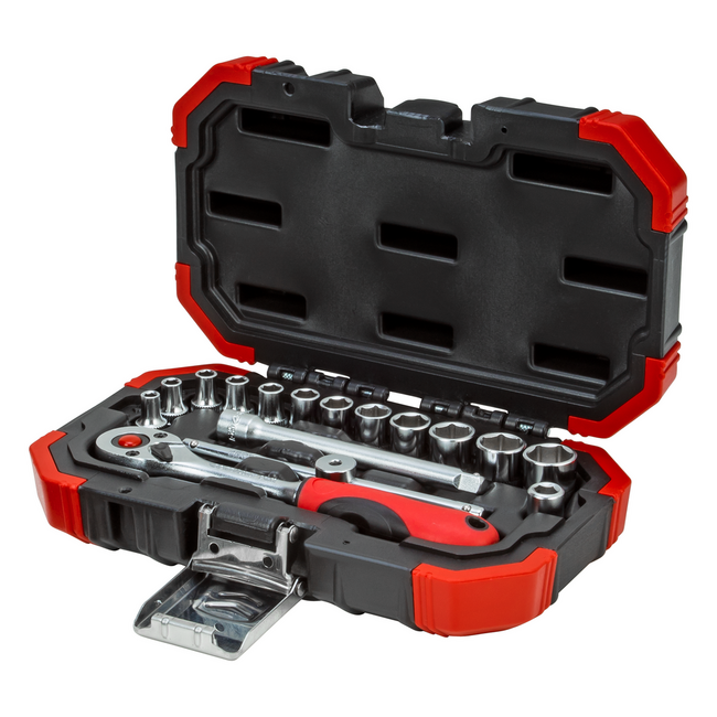 Gedore RED Socket set 1/4" 4-13 mm 16-piece with 72-tooth reversible 2C ratchet, extension, sliding T-bar, case - R49003016