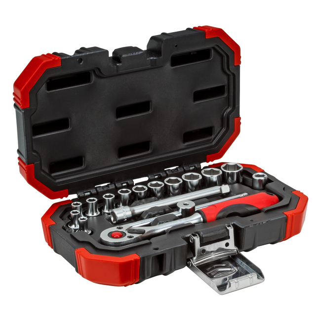 Gedore RED Socket set 1/4" 4-13 mm 16-piece with 72-tooth reversible 2C ratchet, extension, sliding T-bar, case - R49003016