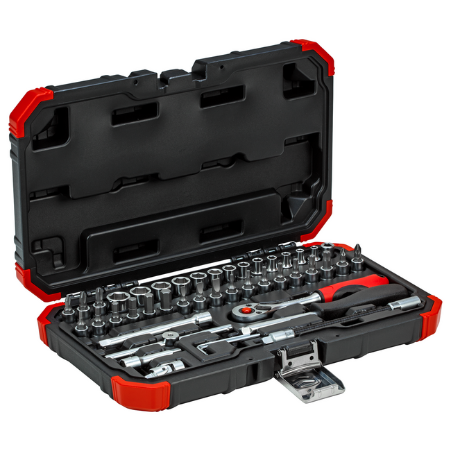 Gedore RED Steckschlüsselsatz 1/4" SW 4-14 mm 46-teilig mit 2K-Knarre 72 Zähne, Bits SL/PH/PZ/TX/Sechskant, Koffer - R49003046
