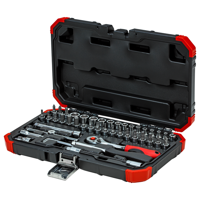 Gedore RED Steckschlüsselsatz 1/4" SW 4-14 mm 46-teilig mit 2K-Knarre 72 Zähne, Bits SL/PH/PZ/TX/Sechskant, Koffer - R49003046