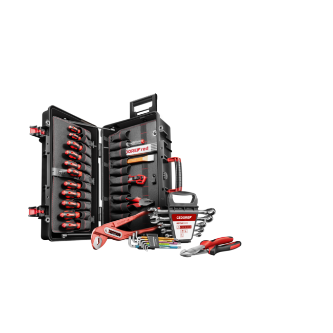 Gedore RED Gereedschapstrolley MEISTER XXL 124-delig, stof- en waterdicht, met wielen: bitbox, dopsleutelset, tangen - R21902124