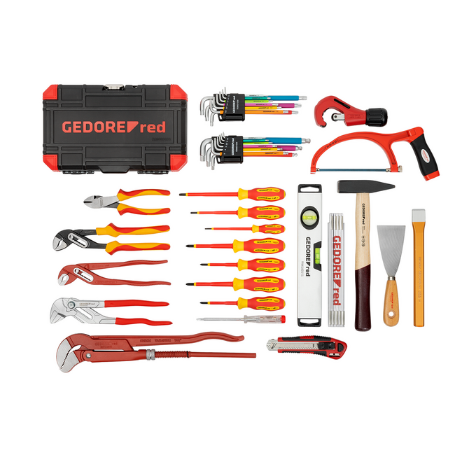 Gedore RED Gereedschapstrolley sanitair 72-delig: pijpsnijder 3-35 mm, pijptang 1 1/2", VDE-schroevendraaiers, zaag - R21902072