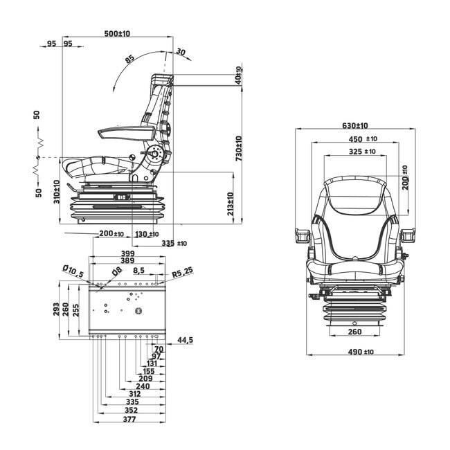 METARO Air-suspended tractor seat with fabric upholstery and armrests