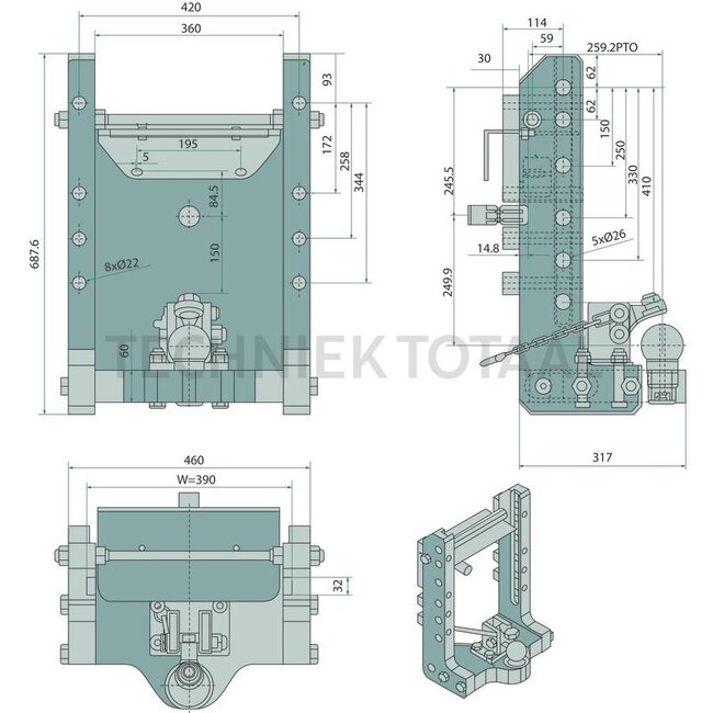 Scharmüller Bearing support K80® HVLB W390 S32 - 77700169811-A17 | suitable for: John Deere | Series: 6R 6230 - 6250 (Tier 4 Final) MY18 | Category: Bearing supports | Version: Standard | Colour: JD green | D-value: 120,2 kN | Guide width: 32 mm | Rail width: 390 mm