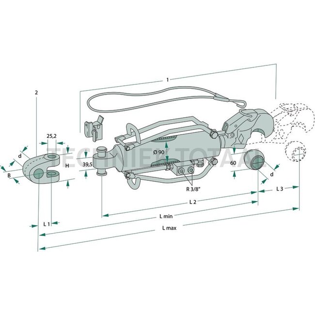 Walterscheid Hydraulischer Oberlenker - 395203021, 1203021 | A Kat.: 3 / 32 | B Kat.: 3 / 32 | F: 526 / 712 mm | Zylinder-Ø innen E: 90 mm | Sperrblock: unten | Zugkraft: 10,2 t | Hub: 185 mm | L2: 526 mm | Leistung bis kW: 147 (200) PS | Beschreibung: <b>Produktvorte