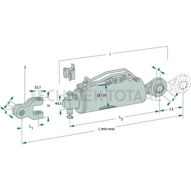 Walterscheid Hydraulic top link cat. 3/3, 669 - 892 mm, stroke 223 mm, Ø 120 mm | 1205129