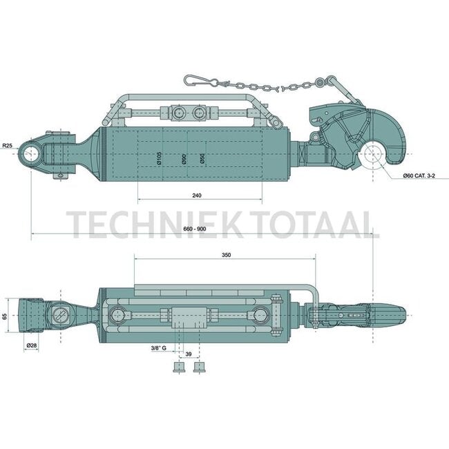 Hydraulic top link cat. 3, 550 - 718 mm, stroke 168 mm, 9 ton