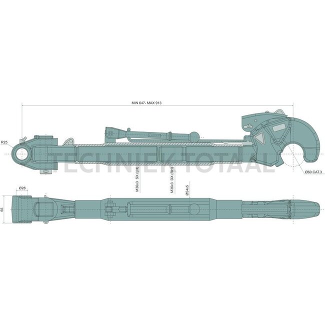 GRANIT Mechanical top link New Holland: 47125165 - 20017002, 47125165, 2.0754.00.4, 02.0754.00.4 | I: M36 x 3 mm | A cat.: 3 / 32 | B cat.: 3 / 32 | D: 647 / 913 mm | To fit: New Holland | Type: Tail hook/clevis joint | Top link type: mechanical