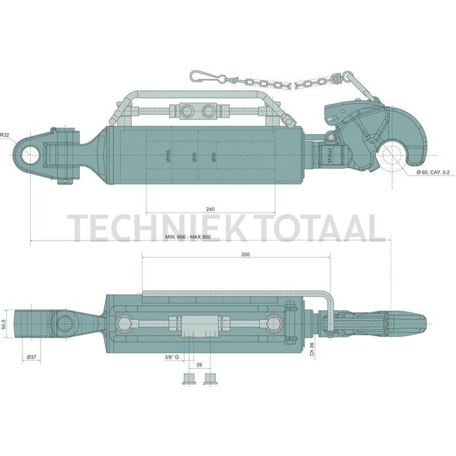 GRANIT Hydraulischer Oberlenker - 20000157, 3PHGCA240-3-37 | Oberlenkertyp: hydraulisch | Bauart: Fanghaken / Gabelgelenk | A Kat.: 3 / 32 | B Kat.: 37 | I: 51 mm | F: 666 / 906 mm | Hub: 240 mm | Kolbenstangen-Ø D: 50 mm | Zylinder-Ø innen E: 90 mm | Zugkraft: