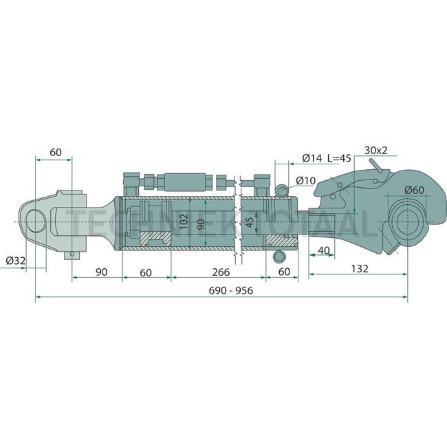 GRANIT Hydraulischer Oberlenker - 20000225, 2-00-00225, 51599632, 90395939, 47636918, 87358974, 87707441 | A Kat.: 3 / 32 | B Kat.: 3 / 32 | F: 690 / 956 mm | Kolbenstangen-Ø D: 45 mm | Zylinder-Ø innen E: 90 mm | Hubkraft: 11 t | Zugkraft: 8 t | Verstellbar: Ne