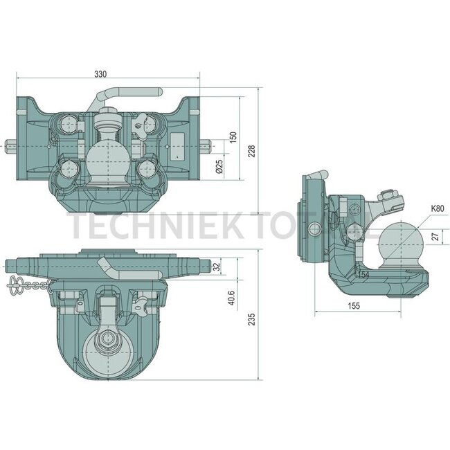 Scharmüller Kugeleinsatz K80® - 77707633042, 7.6330.42-A02, 07.6330.42-A02 | Schienenbreite: 330 mm | Rastbolzen Ø: 25 mm | Führungsbreite: 32 mm | Stützlast: 3000 kg | Farbe: Schwarz | Ausladung: 155 mm | Beschreibung: Höhenverstellbar mit Handgriff | Bohrung: M20 m