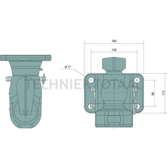 Walterscheid Kugelkupplung Flanschausführung mit Verdrehsicherung - 770KFD800-4 | Verriegelung: Kugel 80 | Lochbild: 140 x 80 mm | Stützlast: 2700 kg | D-Wert: 82,4 kN | Bohrung: M17 mm | Anzahl Löcher: 4 | Farbe: Schwarz | Beschreibung: Die Kugelkupplung mit Flansch