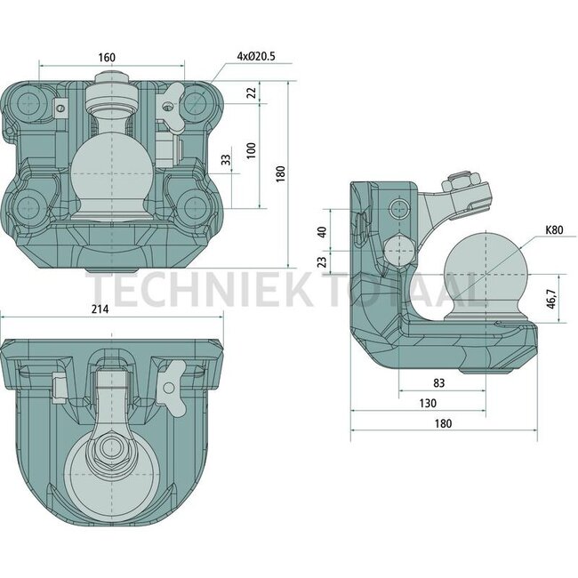 Scharmüller Kogelkoppeling - 77700670081, 0.670.08.1-A02, 00.670.08.1-A02 | Gatenpatroon: 160 x 100 mm | Oplegdruk: 3000 kg | D-waarde: 97,1 kN | Boring: M20 mm | Vergrendeling: kogel 80 | Zwenkbereik: 30° | Aantal gaten: 4 | Kleur: zwart