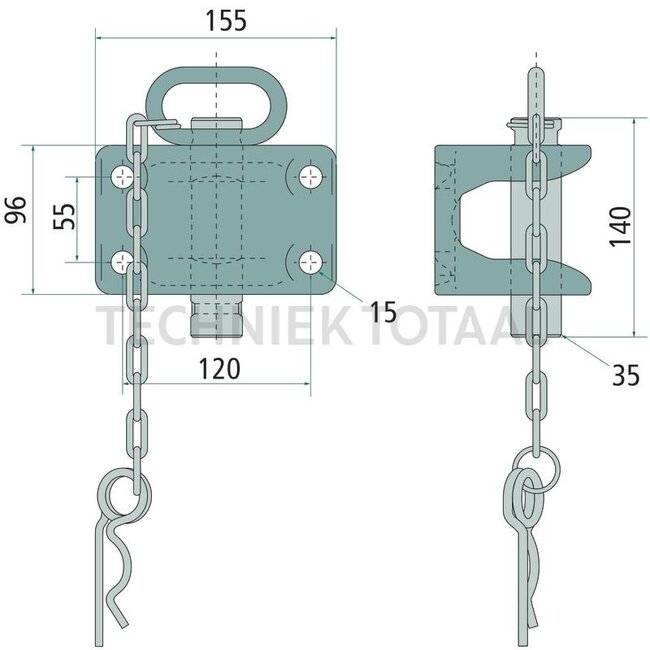 Walterscheid Rangeerkoppeling - 770KU601NB35, 8004720 | Gatenpatroon: 120 x 55 mm | Borings-Ø: 15 mm | Koppelingspen: 35 mm | Kleur: zwart | Aanhangerlast: 25000 kg | Omschrijving: Trekhaken worden alleen gebruikt voor het slepen van niet-bruikbare motorvoertuigen en