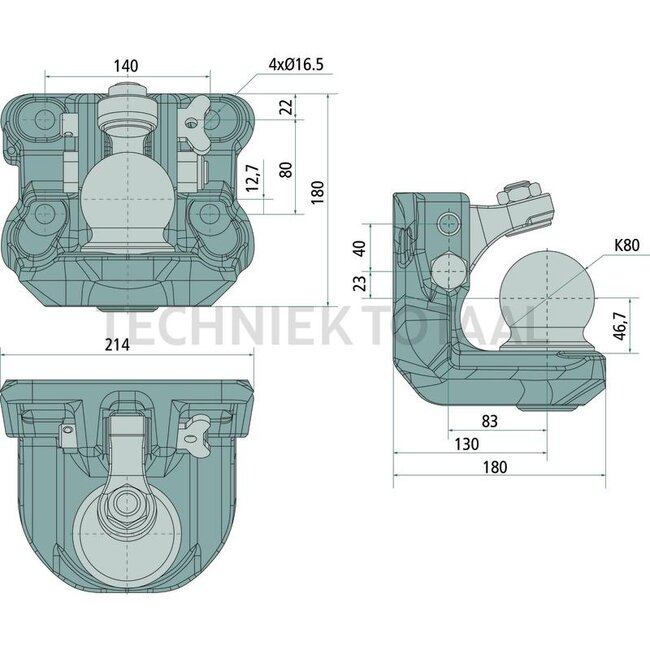 Scharmüller Kogelkoppeling - 77700670052, 0.670.05.2-A02, 00.670.05.2-A02 | Gatenpatroon: 140 x 80 mm | Oplegdruk: 3000 kg | D-waarde: 97,1 kN | Boring: M16 mm | Vergrendeling: kogel 80 | Zwenkbereik: 30° | Aantal gaten: 4 | Kleur: zwart