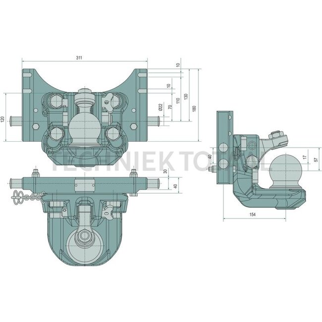 Scharmüller Trekhaak voor bevestiging aan de onderkant - 77703631144, 3.6311.44-A11, 03.6311.44-A11 | Railbreedte: 311 mm | Vergrendelpen Ø: 22 mm | Geleidebreedte: 30 mm | Oplegdruk: 2000 kg | Kleur: AGCO grijs | Werklengte: 155 mm | Omschrijving: Afneembaar met p