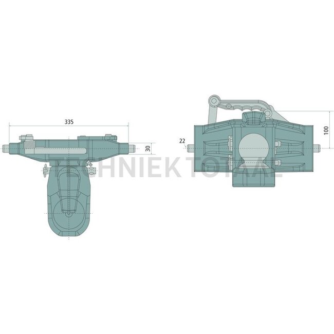 Walterscheid Kogelkoppeling - 770KI8335, 8002590 | Railbreedte: 335 mm | Vergrendelpen Ø: 22 mm | Geleidebreedte: 30 mm | Oplegdruk: 2.8 kg | Kleur: Schwarz | Omschrijving: Bei diesem Produkt handelt es sich um eine Kugelkupplung. Die Kupplungskugel 80 entspricht hins